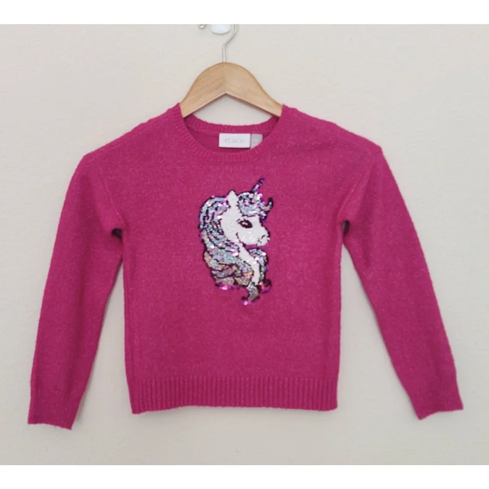 The Children's Place - Girls Flip Sequin Unicorn Sweater - shimmery pink sz 5-6
